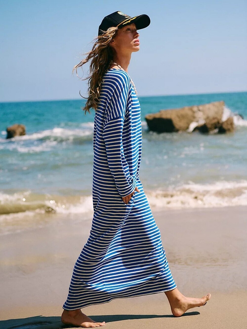 FP Beach Striped Blue & White Beach Maxi Dress Cotton Large